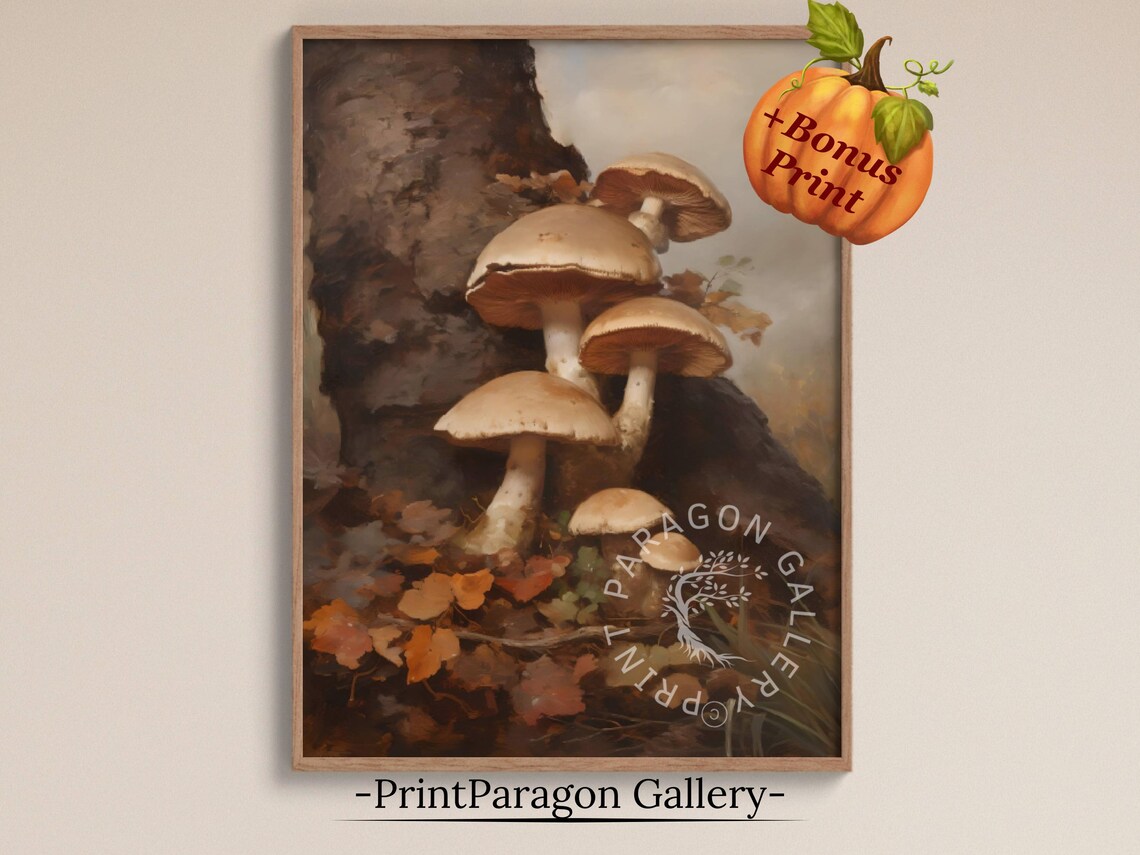 Wild Mushrooms Growing on a Dark Tree Trunk in Autumn Wall Art