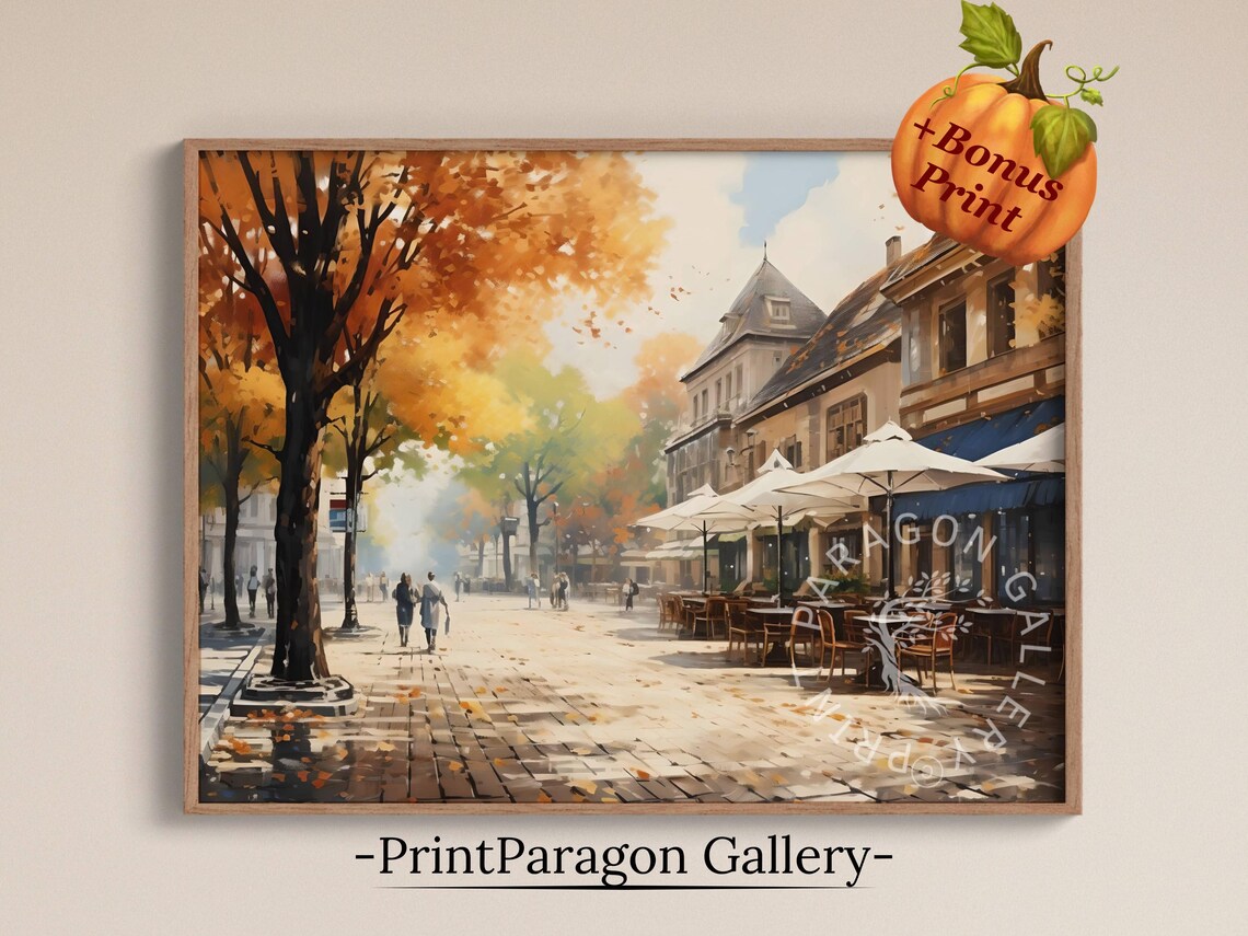 Sunny Autumn Town Square with Cafe Umbrellas and Cobblestones Wall Art