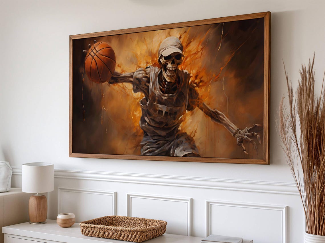 Skeleton Basketball Player Dunking Flames Spooky Sports Poster - Image 2