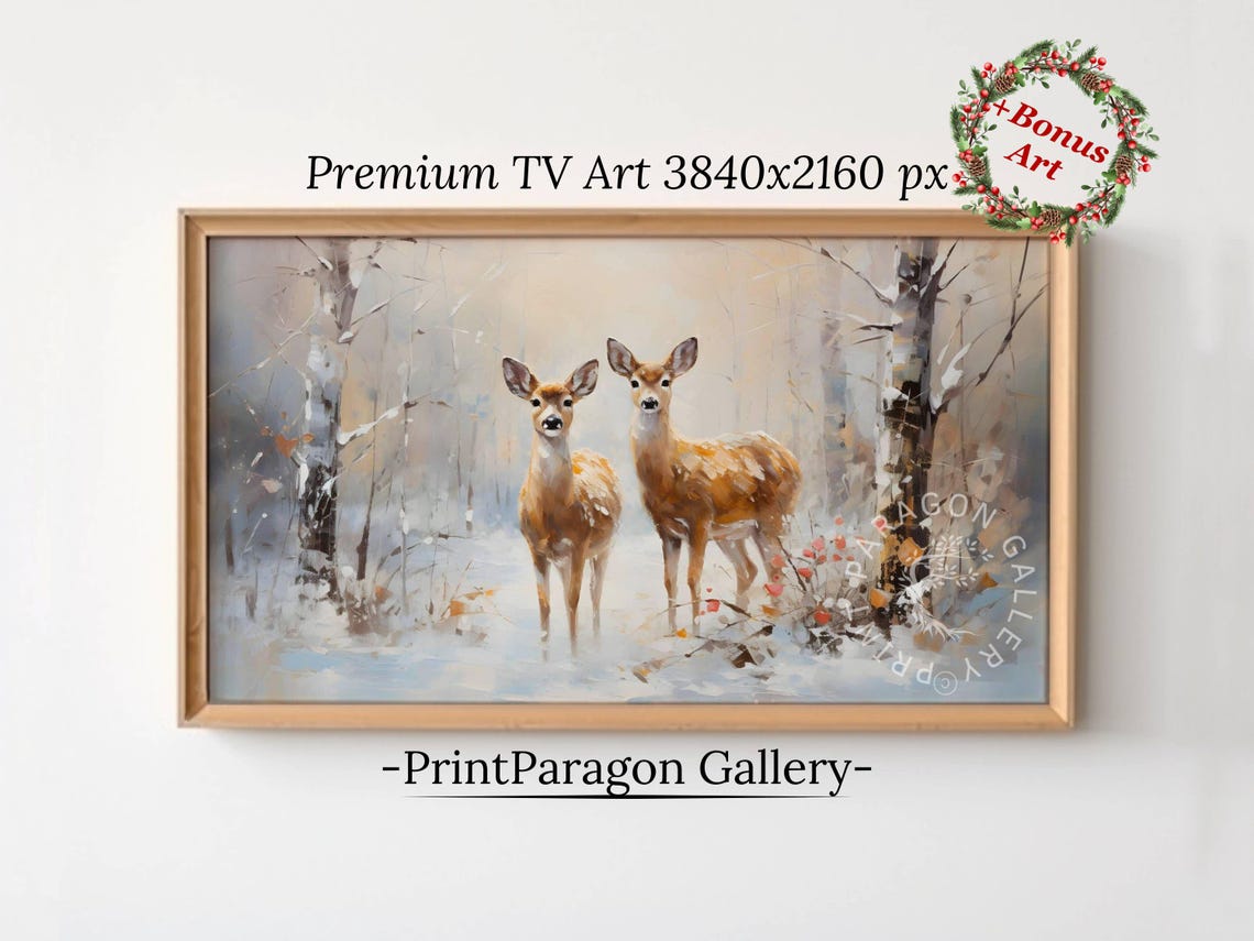 Two Young Deer Facing Viewer in a Snowy Birch Forest Wildlife Wall Art