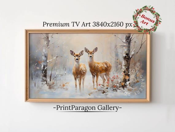 Farmhouse Christmas Tv Art Cute Forest Deers Frame Tv Art Snowy Forest Oil Painting Seasonal Home Decor Winter Holiday Wall Decor