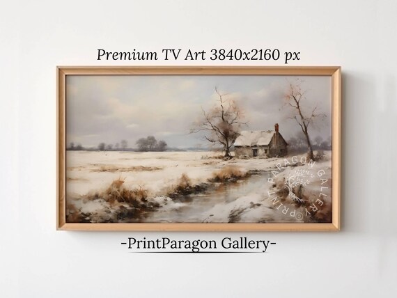 Quaint Snowy Cottage by a Frozen Creek in a Winter Meadow Wall Art