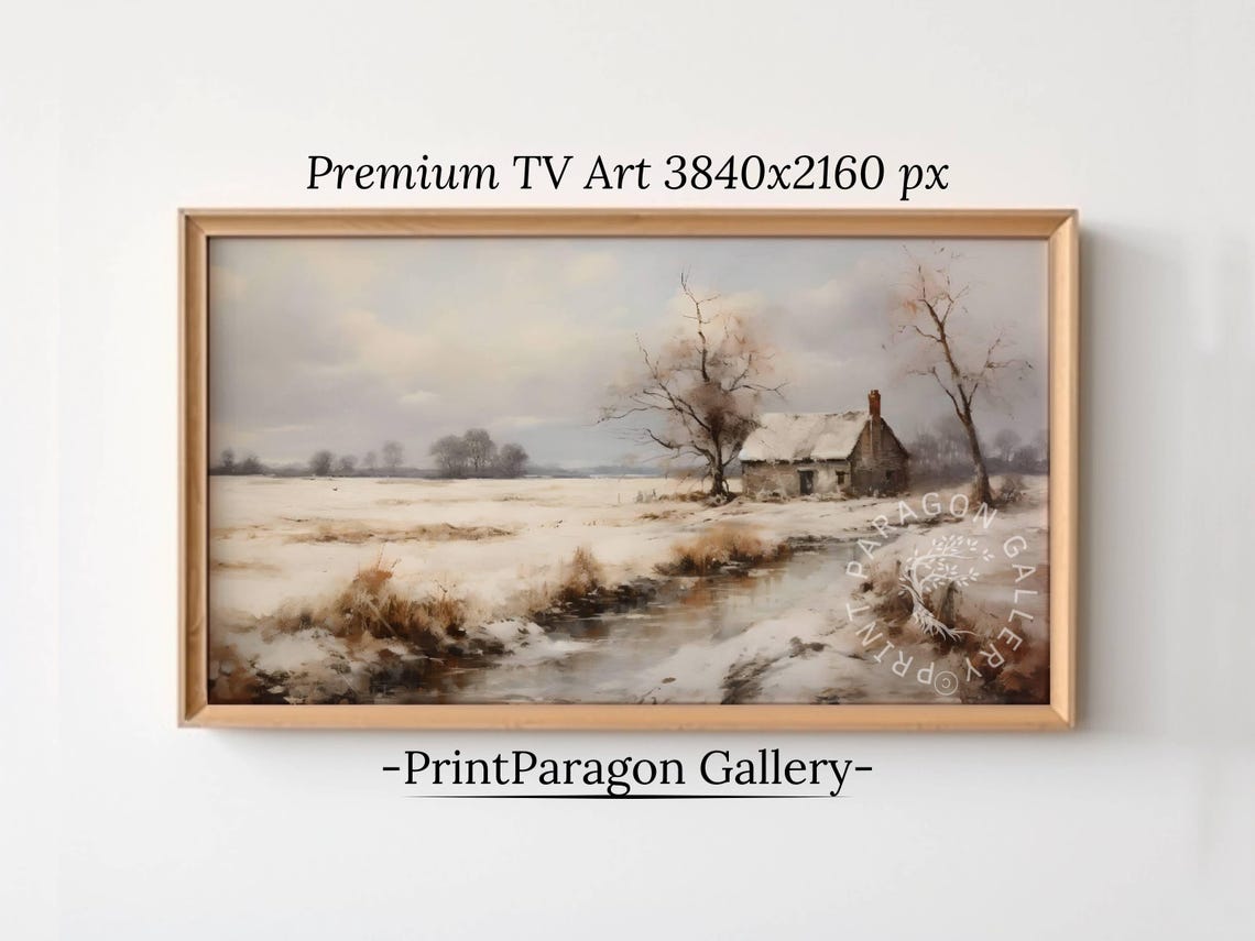 Antique Snowy Cottage Tv Art Scenic Winter Meadow Tv Landscape Rural Winter Country Field Tv Snowy Home Decor Art