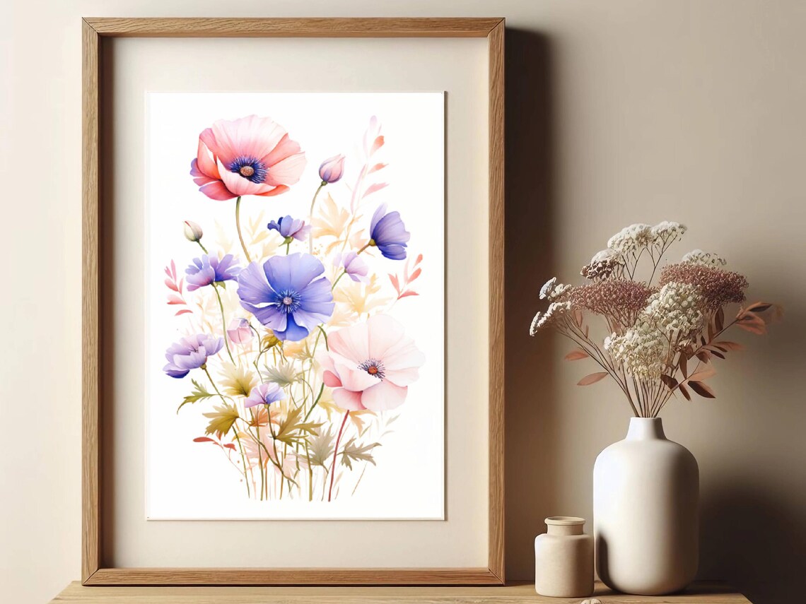Pastel Anemone and Poppy Blossoms Soft Floral Watercolor Poster - Image 2