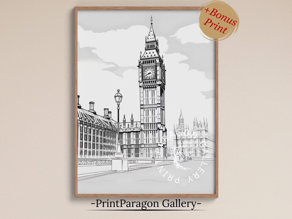 Big Ben London Clock Tower Ink Sketch Westminster Bridge Scene Poster
