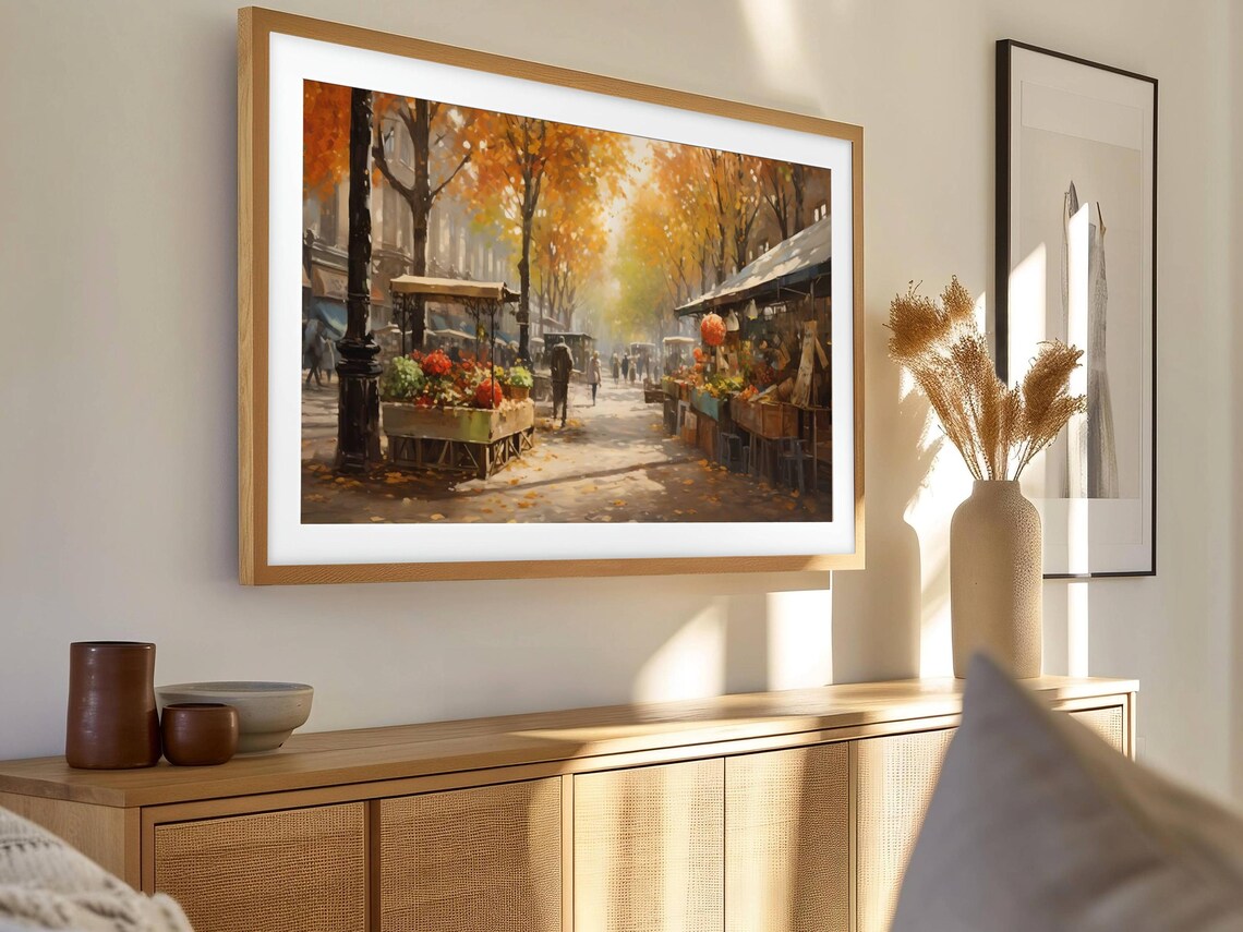 Golden Autumn Flower Market Street Impressionist Frame TV Poster - Image 2