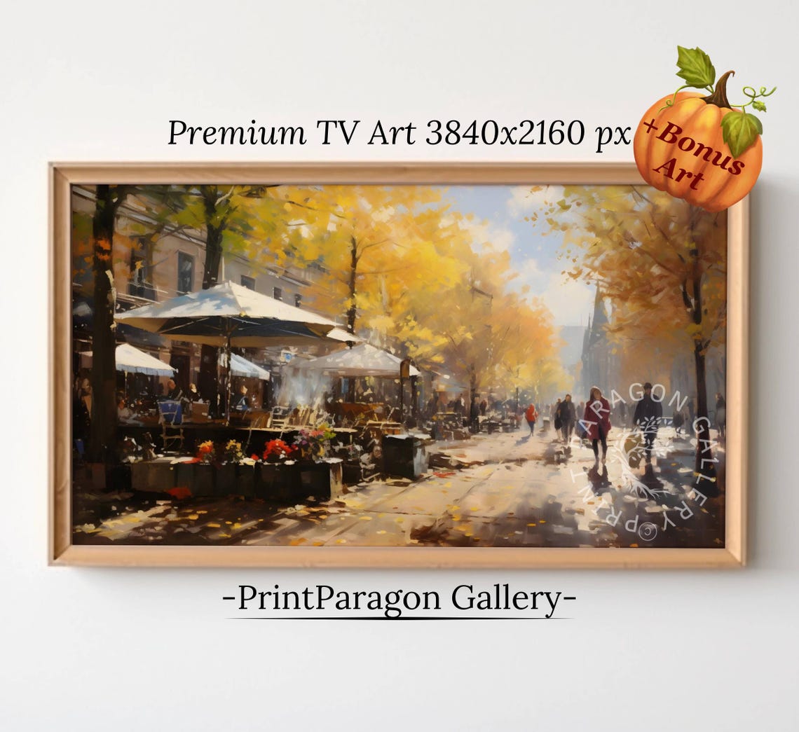 Autumn City Cafe Boulevard Golden Leaves Impressionist Frame TV Poster
