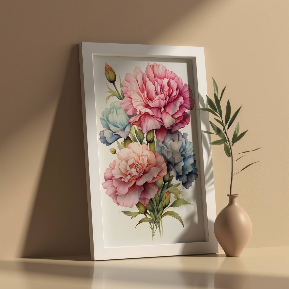 Pastel Carnation Blooms Pink Peach and Blue Watercolor Art Poster - Image 2