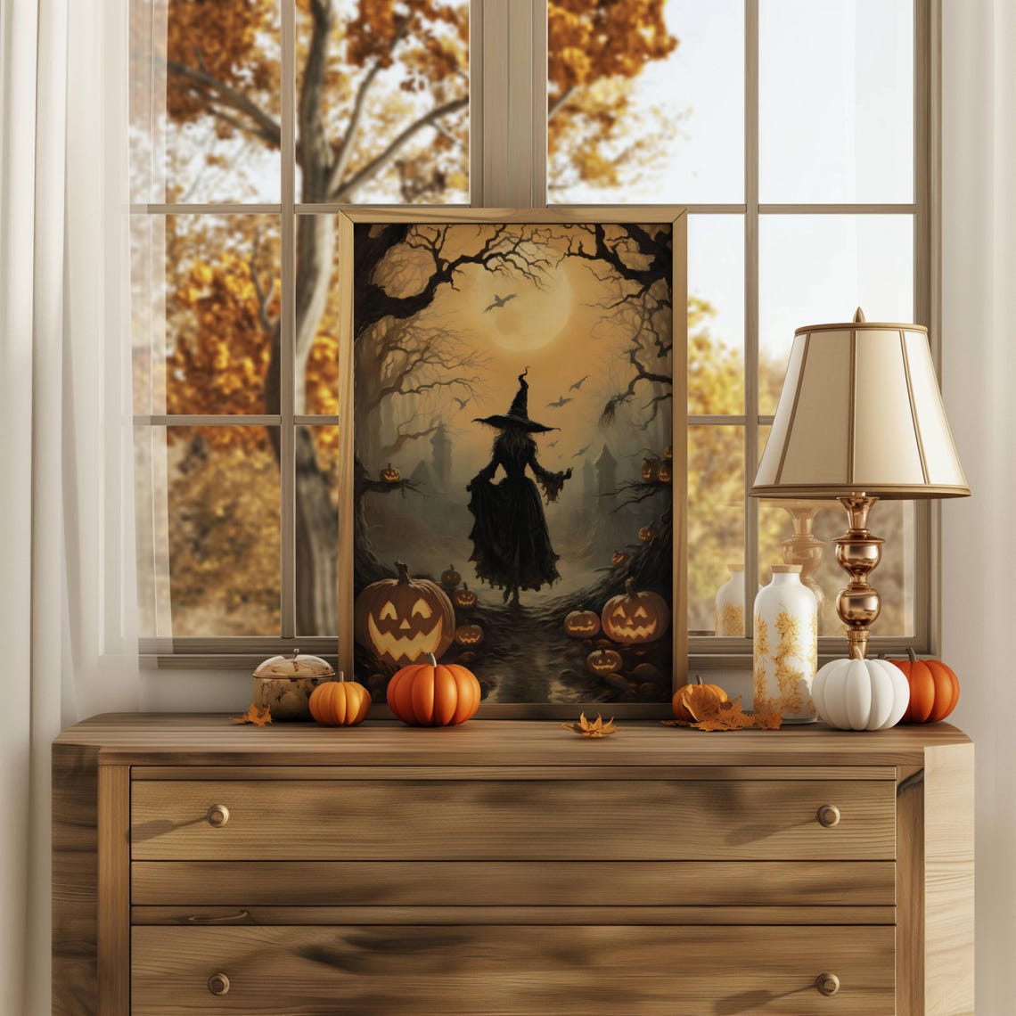 Witch Silhouette In Moonlit Forest With Glowing Jack O Lanterns Poster - Image 2