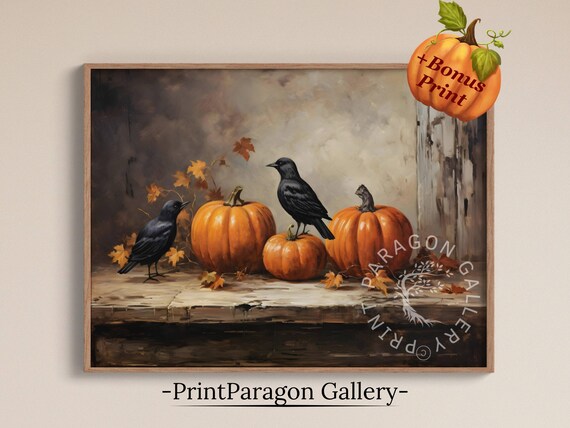 Black Ravens With Pumpkins And Maple Leaves Autumn Still Life Poster