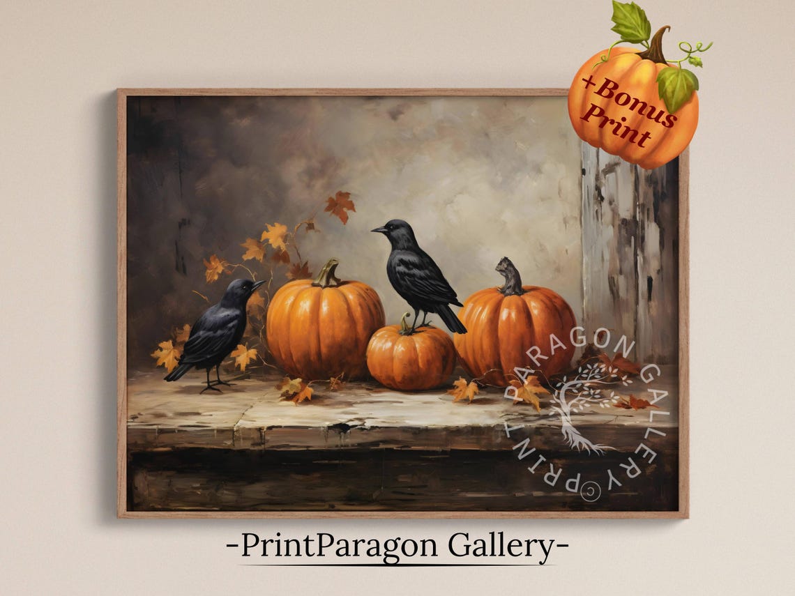 Black Ravens With Pumpkins And Maple Leaves Autumn Still Life Poster