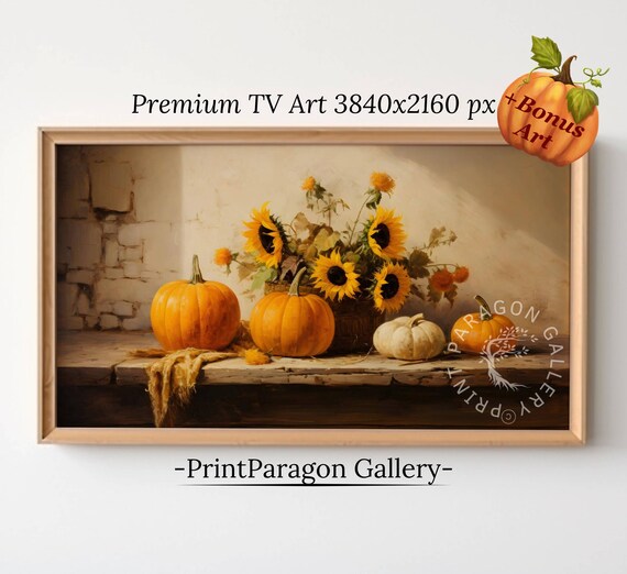 Sunflower and Pumpkin Harvest Still Life Rustic Autumn Wall Art