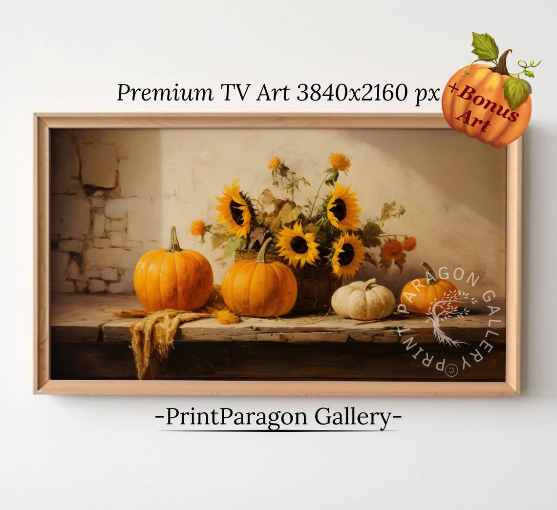 Sunflower and Pumpkin Harvest Still Life Rustic Autumn Wall Art