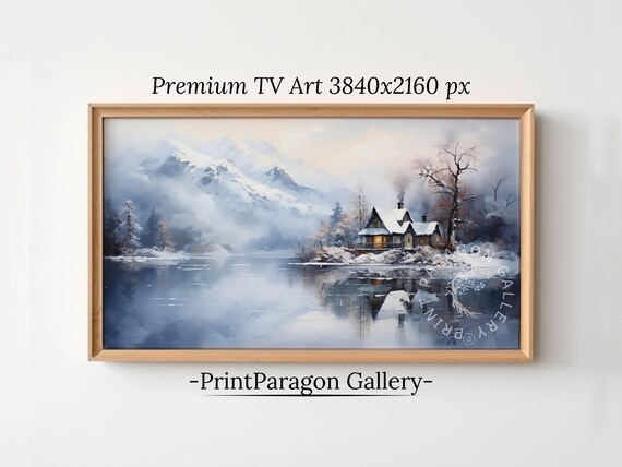 Mountain Lake Cottage Art Print, Rustic Winter Landscape