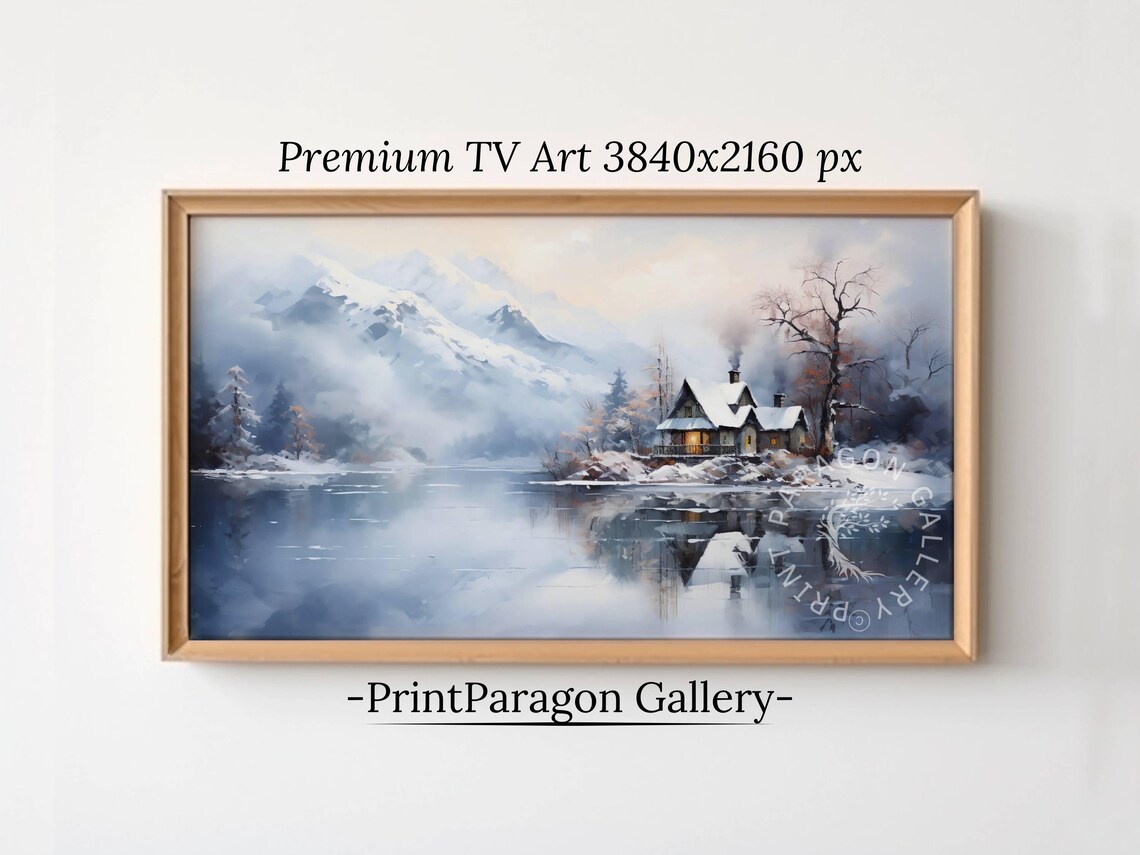 Mountain Lake Cottage Art Print, Rustic Winter Landscape