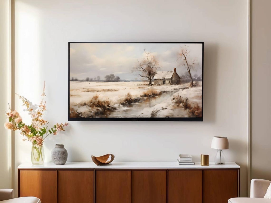 Antique Snowy Cottage Tv Art Scenic Winter Meadow Tv Landscape Rural Winter Country Field Tv Snowy Home Decor Art - Image 2
