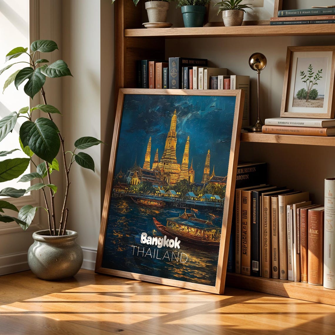 Bangkok Thailand Temple Spires Night River Boats Travel Poster
