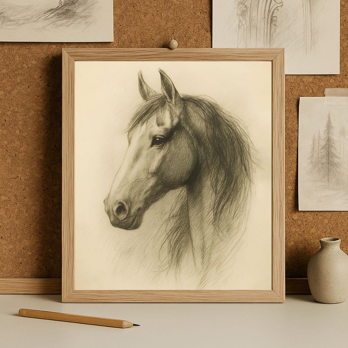 Elegant Horse Head Pencil Sketch Equestrian Style Art Poster