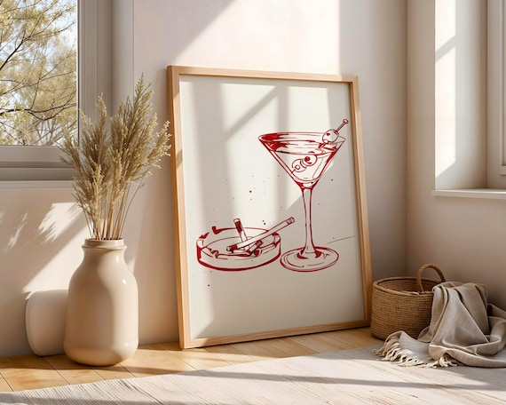 Red Line Art Martini With Cigarettes Modern Cocktail Bar Wall Poster