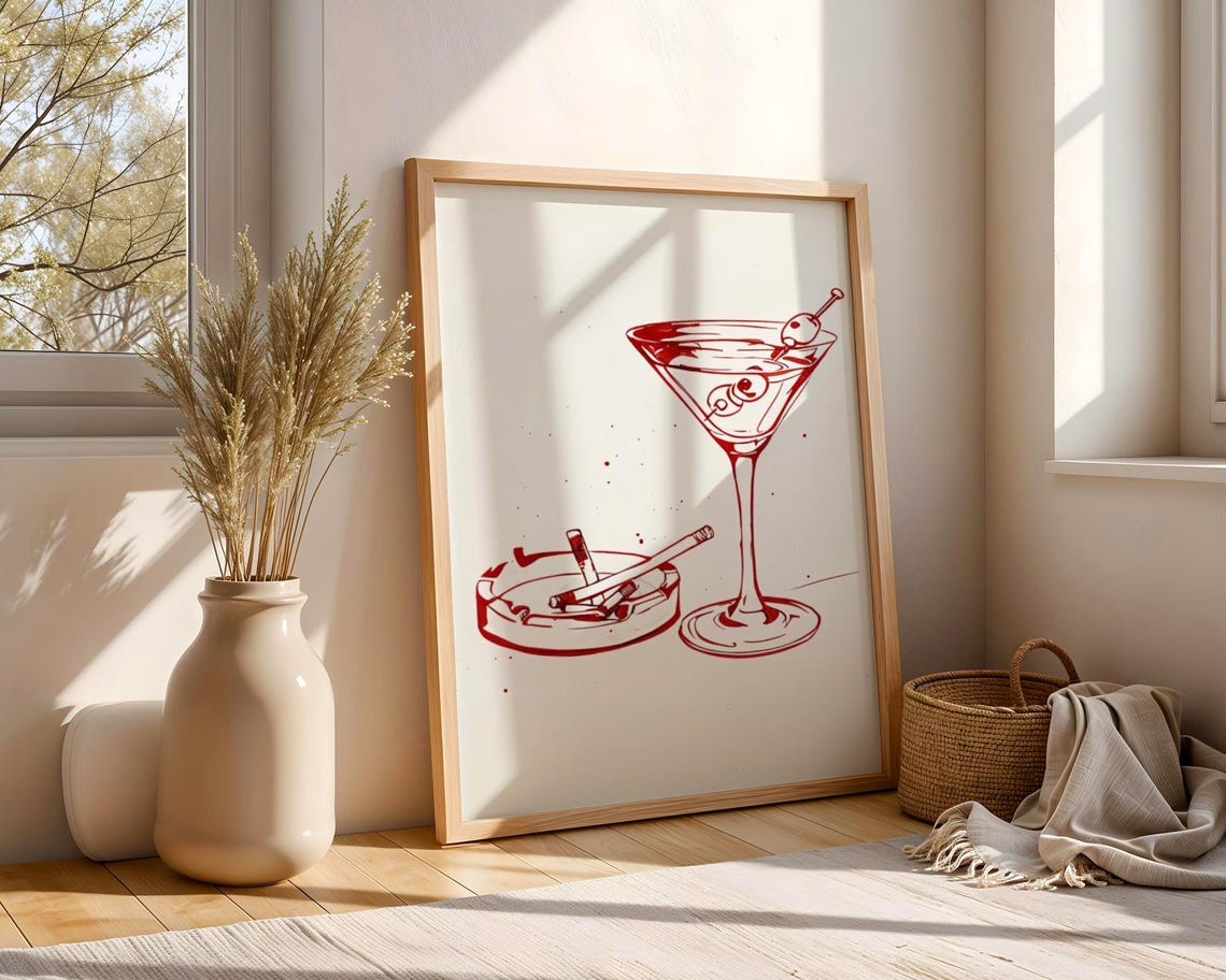 Red Line Art Martini With Cigarettes Modern Cocktail Bar Wall Poster