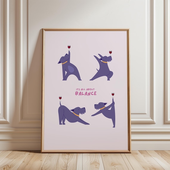 Funny Dog Yoga Print Whimsical Wine Balance Art