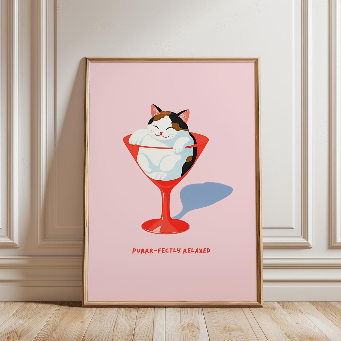 Calico Cat Lounging in Red Martini Glass Purrr-fectly Relaxed Poster