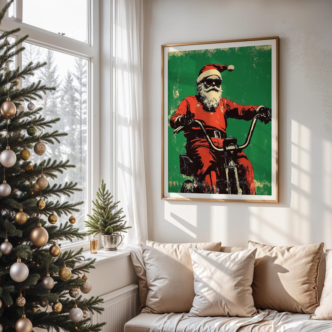 Cool Santa Claus Riding Motorcycle Sunglasses Retro Green Xmas Poster - Image 5