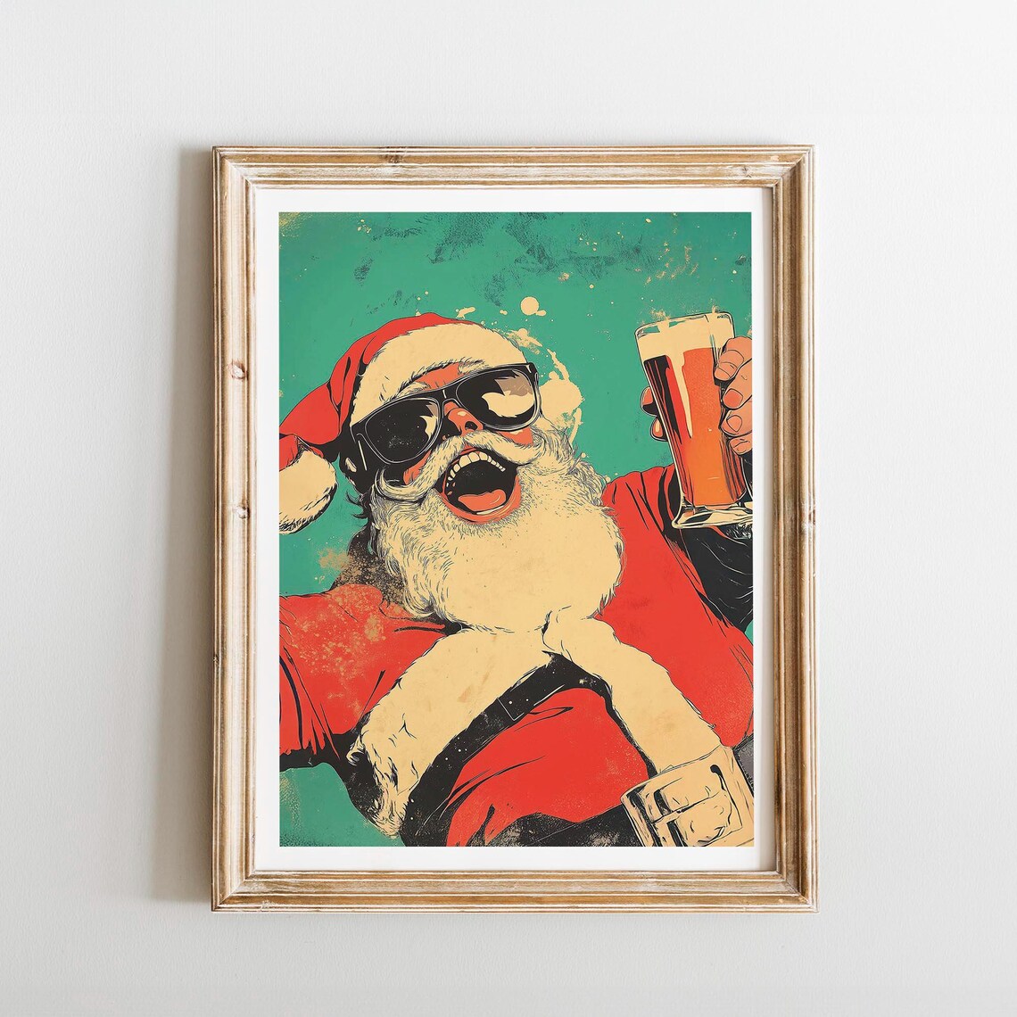 Retro Santa Claus Raising Beer Glass Sunglasses Laughing Xmas Poster - Image 4
