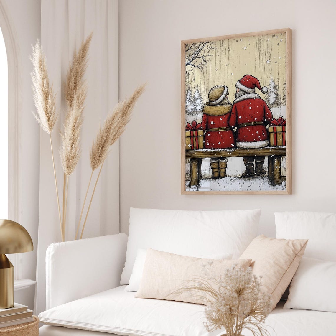 Santa and Mrs Claus on Snowy Bench Romantic Vintage Christmas Wall Art - Image 4