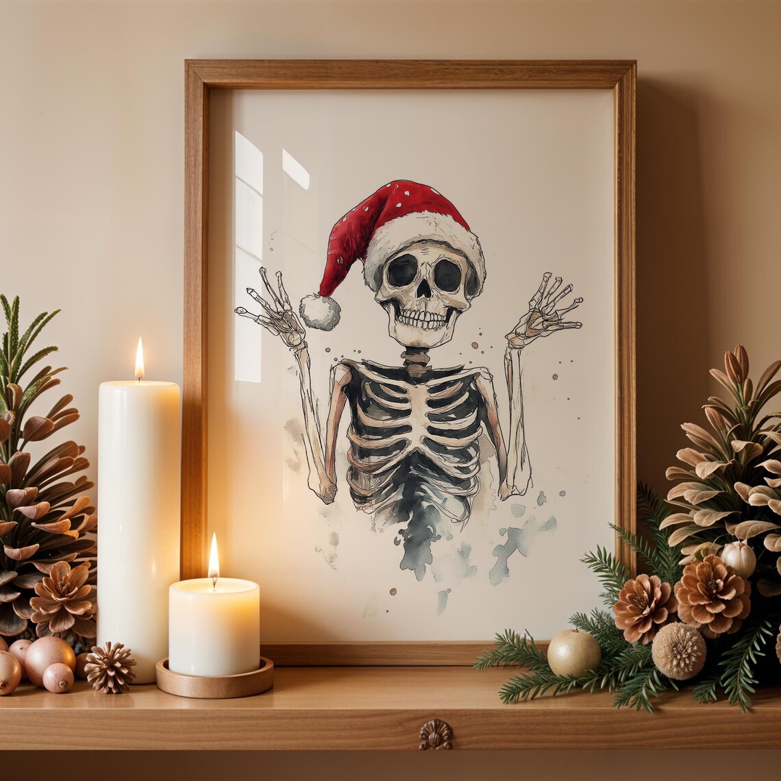 Funny Skeleton Wearing Santa Hat Watercolor Playful Christmas Wall Art - Image 3