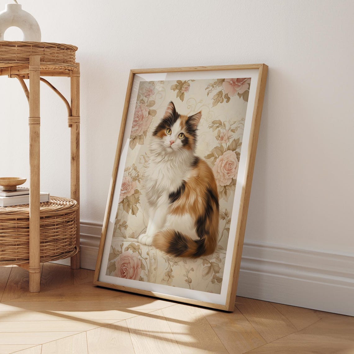 Vintage Calico Cat Portrait Roses Floral Elegant Home Nursery Wall Art - Image 4
