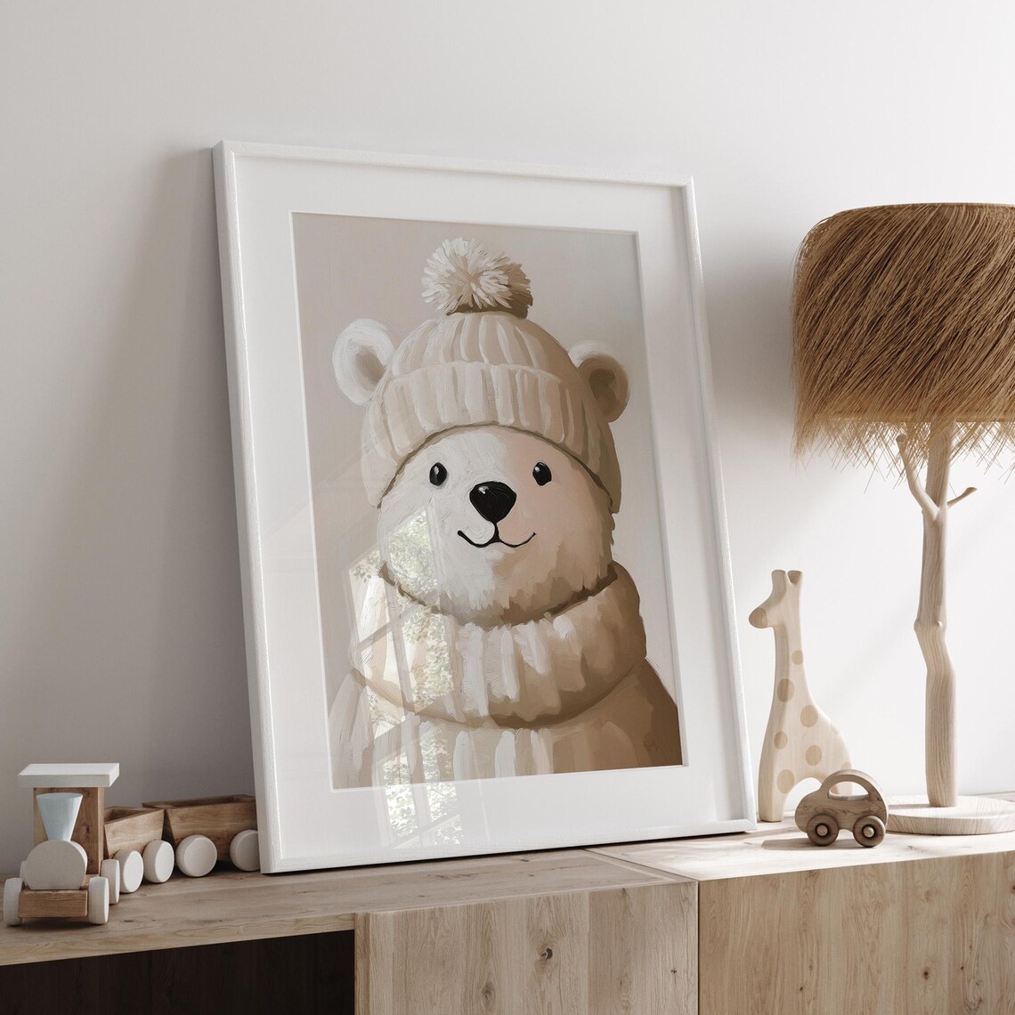 Cute Polar Bear In Cream Knit Hat Winter Animal Nursery Wall Decor Poster - Image 5