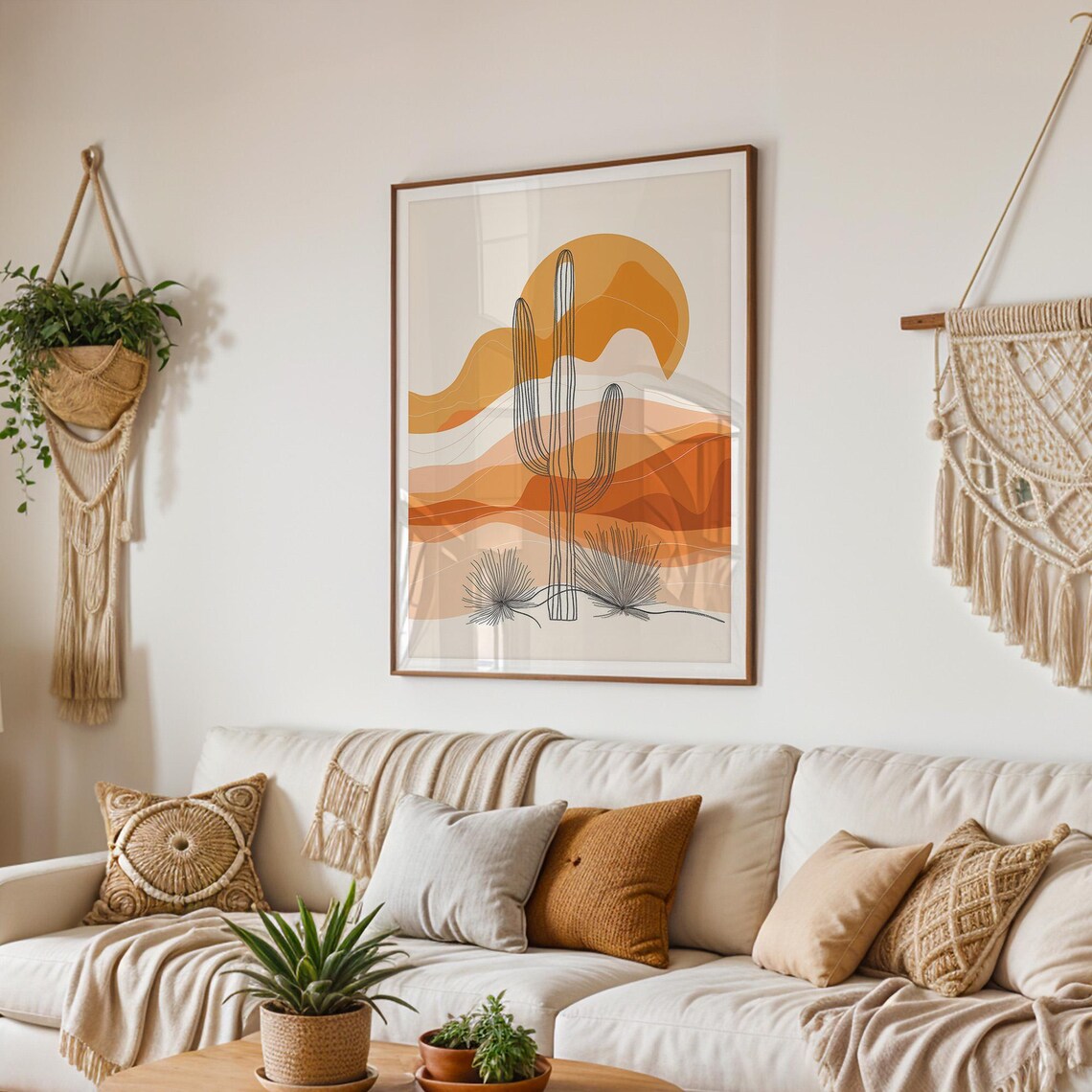 Desert Saguaro Cactus Sunset Line Art Boho Style Wall Poster - Image 4