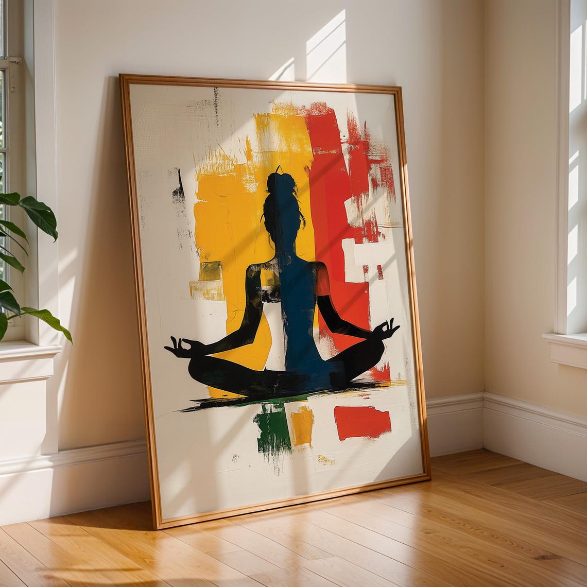 Meditating Silhouette Against Bold Yellow Red Abstract Poster