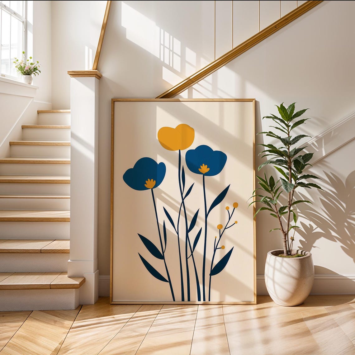 Blue and Yellow Minimalist Flowers Poster Modern Abstract Art - Image 3