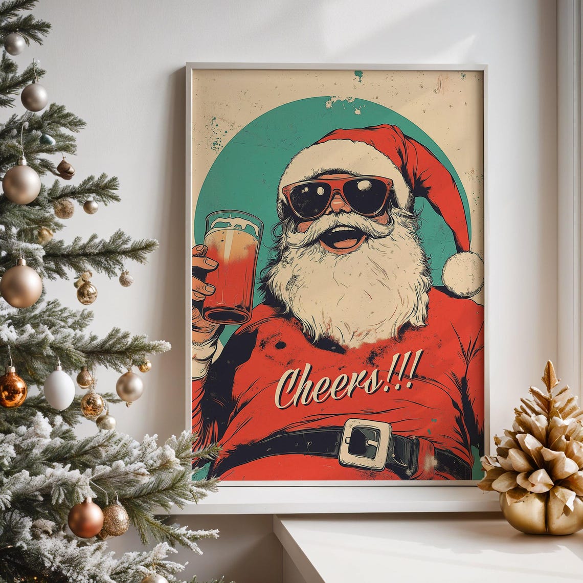 Retro Santa With Beer Cheers Funny Holiday Party Bar Room Decor Poster - Image 3