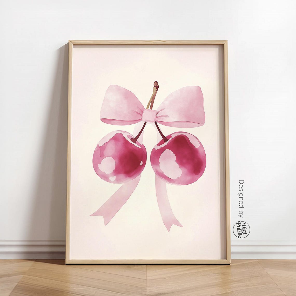 Pink Cherries with Bow Watercolor Poster Cute Fruit Wall Decor