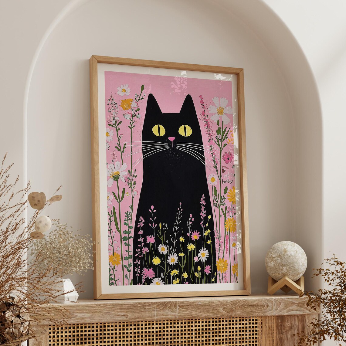 Black Cat With Yellow Eyes In Wildflower Garden Cottage Home Decor Poster - Image 5
