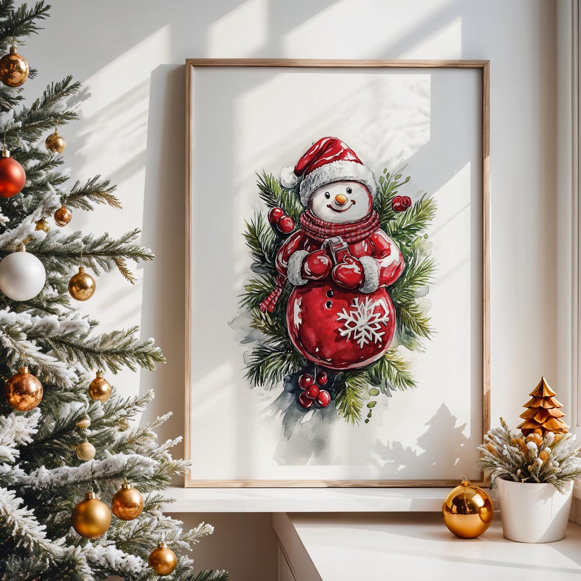 Cute Red Snowman Santa Hat Watercolor Pine Branch Christmas Wall Art - Image 5