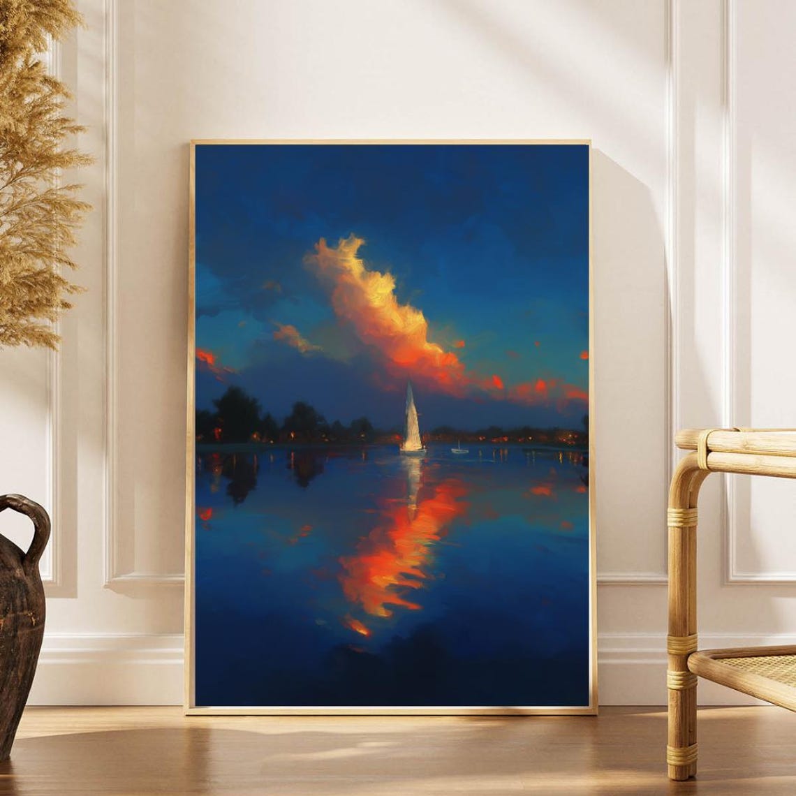 Sailboat Sunset Reflection Tranquil Lake Painterly Evening Wall Art