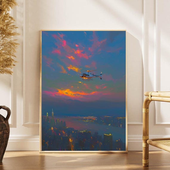 Nyc Sunset Helicopter Print Impressionist Skyline Art Aerial View