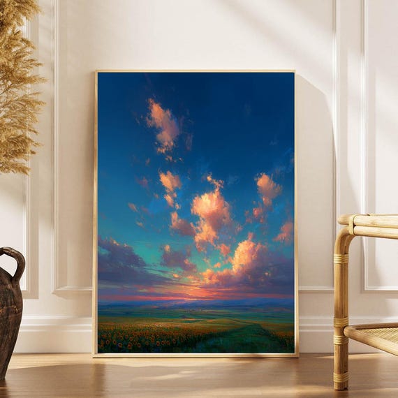 Sunset Over Fields Wall Art Golden Horizon Landscape Poster