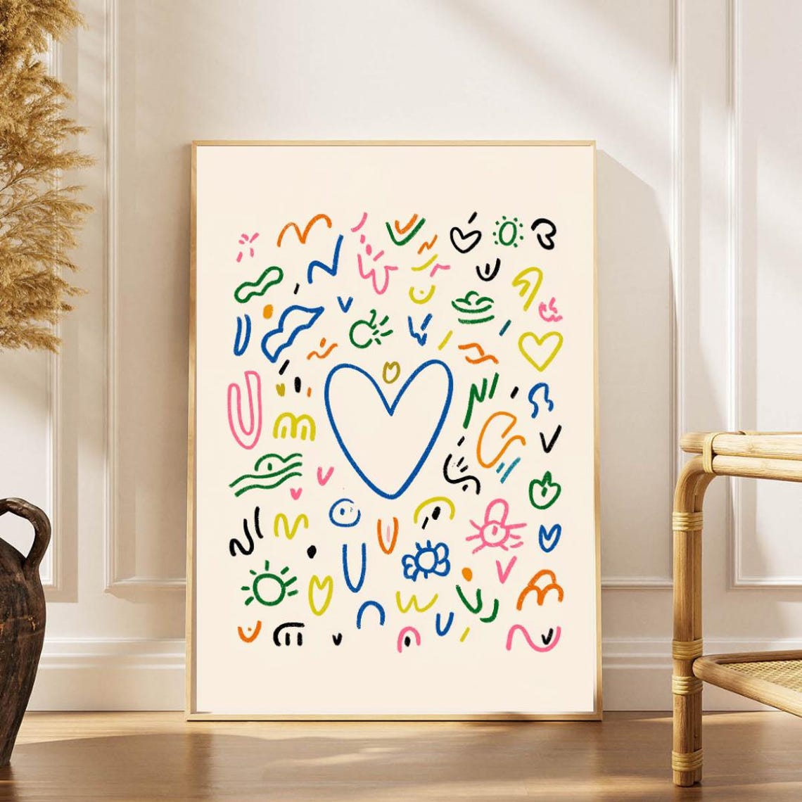 Colorful Heart Doodle Line Art Poster Playful Abstract Love Wall Decor