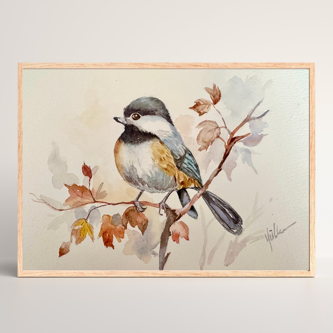 Chickadee Bird Perched on Autumn Branch Watercolor Painting Poster - Image 3