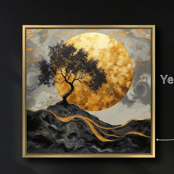 Large Full Moon Luxury Framed Print Black Tree Silhouette Wall Art Abstract Swirl Painting Print Enchanted Decor Ready To Hang