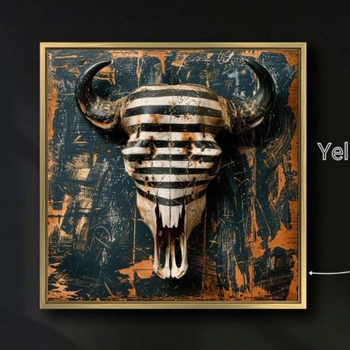 Striped Buffalo Skull Black Painted Southwestern Rustic Western Art Print
