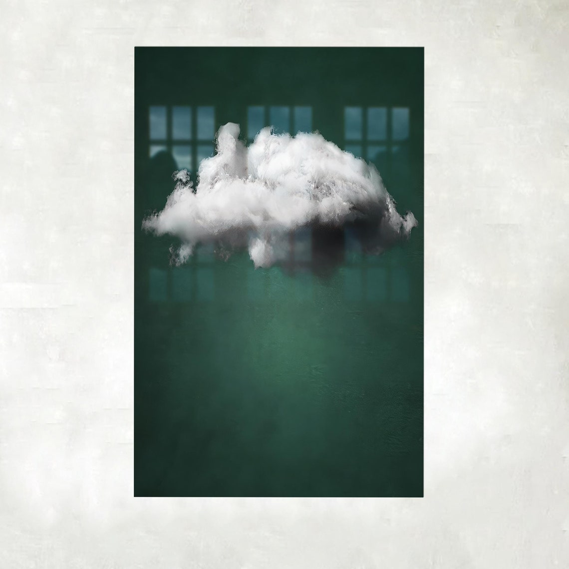 Floating White Cloud Dark Green Surreal Minimalist Art Poster