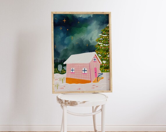 Winter Cabin Painting, North Aurora Scenery Art Print