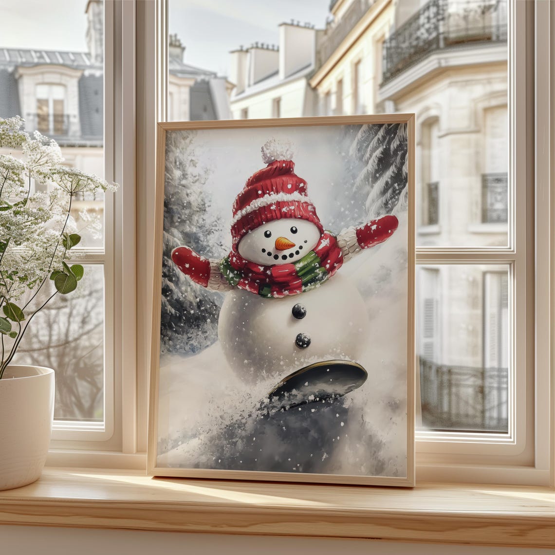 Cheerful Snowman Snowboarding Down a Powdery Winter Slope Poster - Image 3