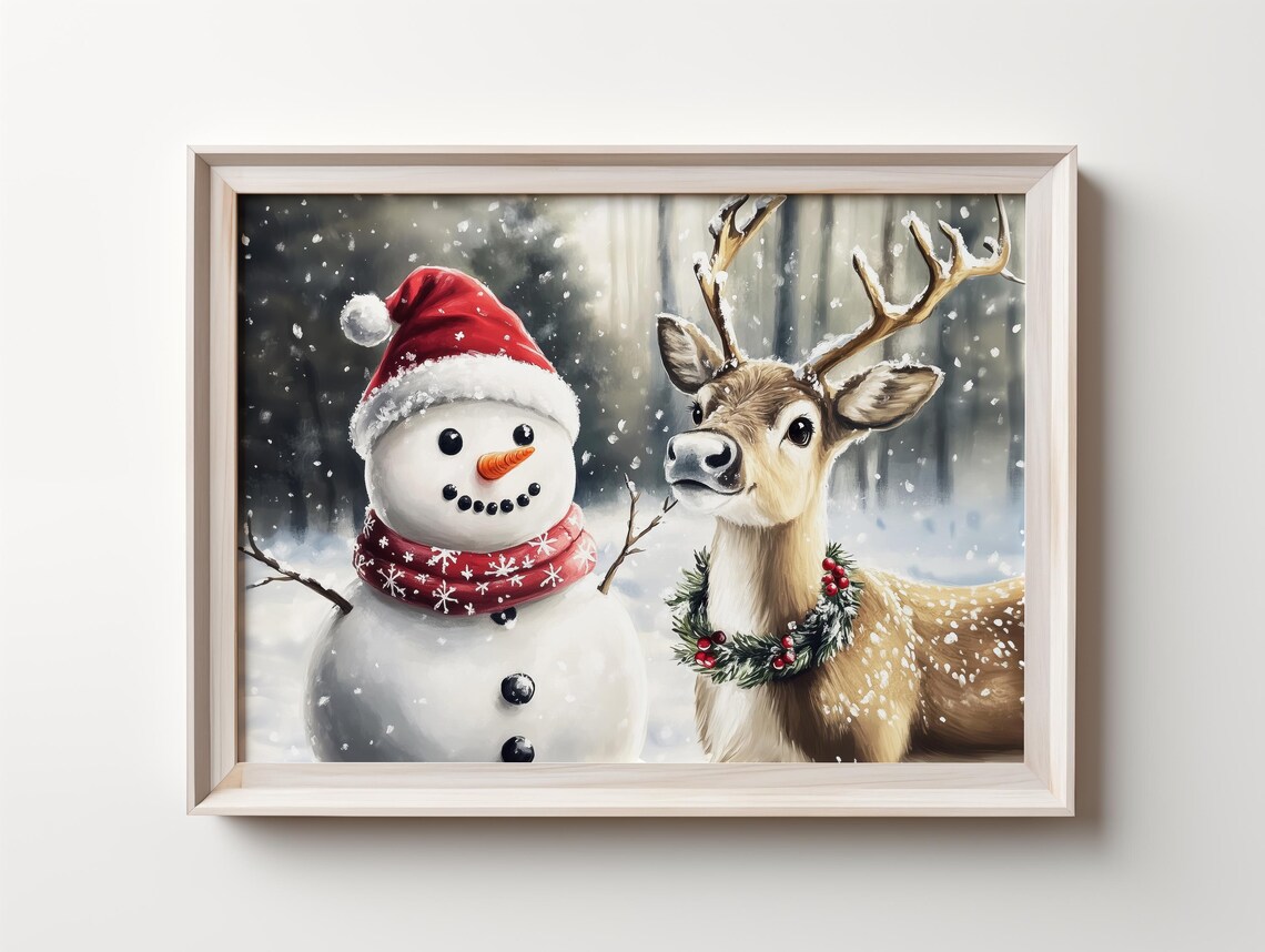 Snowman and Reindeer Friends in Snowy Forest Christmas Art Poster